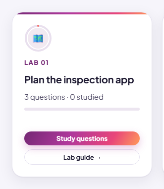 A lab card on a course page, with its practice questions and its lab guide