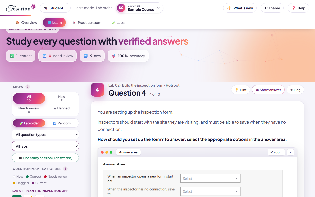 Learn mode: the question map beside a question and its explanation